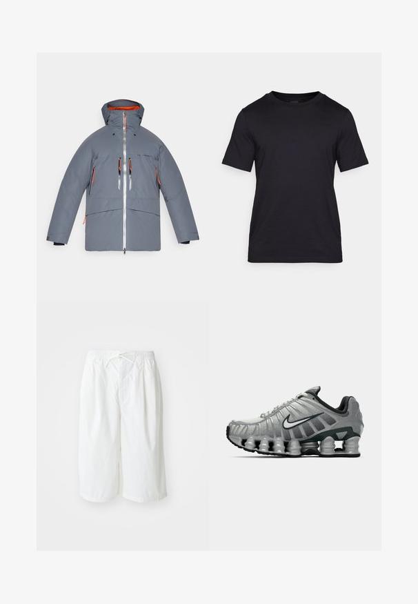 Grijze geïsoleerde jas met capuchon, voorzien van oranje accenten, een ritssluiting aan de voorkant en meerdere ritssluitingzakken. Soepele textuur, gewatteerd ontwerp.; Zwarte T-shirt gemaakt van soepel materiaal, met een ronde hals en korte mouwen. Subtiele branding in het zwart gedrukt op de borst.; Witte shorts met een elastische tailleband en een trekkoord, gepresenteerd tegen een effen lichte achtergrond. Geschikt voor casual of warm weer.; Grijze en zwarte Nike hardloopschoen met zichtbare veerachtige demping onder de zool en een wit swoosh-logo aan de zijkant.