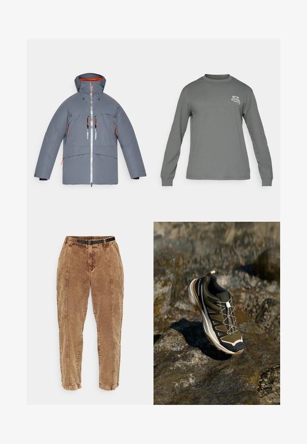 Veste grise isolée avec capuche, agrémentée d'accents orange, d'une fermeture éclair avant et de plusieurs poches zippées. Texture lisse, design matelassé.; Chemise à manches longues en tissu gris, avec un col rond et un logo graphique blanc sur la poitrine gauche. Texture lisse et design simple.; Pantalons en velours côtelé marron avec une surface texturée, dotés d'une ceinture noire ajustable, de poches latérales et d'une coupe décontractée. Les pantalons se resserrent vers les chevilles.; Chaussure de randonnée en vert olive et noir avec des accents roses. Elle présente un dessus texturé, une semelle flexible, une coque avant renforcée et un système de laçage coloré.