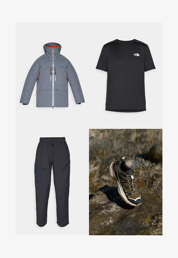 Graue isolierte Jacke mit Kapuze, orangefarbenen Akzenten, einem Reißverschluss vorne und mehreren Reißverschlusstaschen. Glatte Textur, gesteppte Gestaltung.; Schwarzes T-Shirt mit kurzen Ärmeln aus leichtem Stoff. Mit einem kleinen weißen Logo auf der linken Brust und dezenten Akzenten an den Schultern.; Schwarze Cargo-Hosen aus leichtem, wasserabweisendem Material; verfügen über einen elastischen Bund, mehrere Reißverschlusstaschen und schmal zulaufende Beine.; Wanderschuh in Olivgrün und Schwarz mit pinken Akzenten. Verfügt über ein strukturiertes Obermaterial, eine flexible Sohle, eine verstärkte Zehenkappe und ein farbenfrohes Schnürsystem.