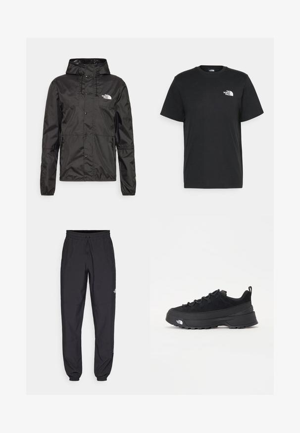 Juodas vėjui atsparus striukė, pagaminta iš lengvo, vandeniui atsparaus audinio. Turinti gobtuvą, priekinį užsegimą ir logotipą kairėje krūtinės pusėje.; Juoda medvilninė marškinė su trumpomis rankovėmis, apvaliu iškirpimu ir maža balta logo kairėje krūtinės pusėje. Paprastas dizainas, lygi tekstūra ir laisvas pritaikymas.; Juodos sportinės kelnės, pagamintos iš lengvos medžiagos, su raišteliu liemens srityje, šoniniais kišenėmis ir siaurėjantys apykaklės prie kulkšnies.; Juodas lauko sportinis batelis su zomšiniu viršumi, tekstūruota guma padais ir tvirtas raištelių sistema. Yra sustiprinta kulno dalis ir prekės ženklo logotipas šone.