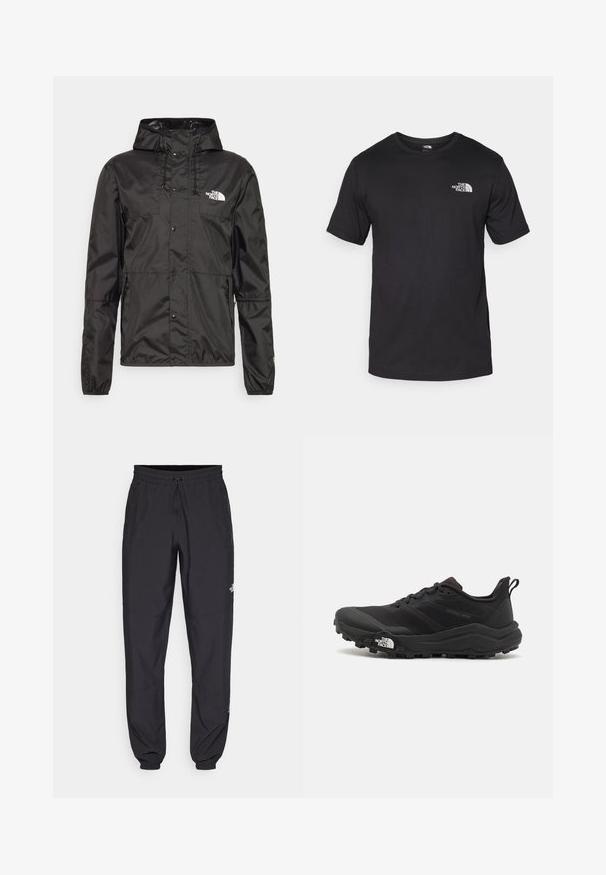 Casaco impermeável preto feito de material leve e resistente à água. Tem capuz, fecho de pressão frontal e logótipo no lado esquerdo do peito.; T-shirt preto de manga curta feito de algodão, com um decote redondo e um pequeno logótipo branco na parte superior esquerda do peito.; Calças atléticas pretas feitas de tecido leve, com um cós ajustável por cordão, bolsos laterais e punhos afunilados nos tornozelos.; Sapatilha de trail running preta com um upper texturizado, sola de borracha e biqueira reforçada. Possui um colarinho acolchoado e uma alça para facilitar o calçar.