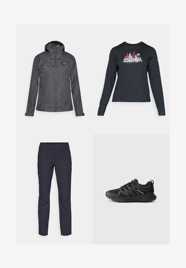 Casaco com capuz à prova d'água de cor cinza escuro, com fecho na frente, bolsos laterais com fecho e o logotipo da Patagonia no lado esquerdo do peito.; Camisa de mangas longas cinza escuro com um gráfico de árvores vermelhas e montanhas; logótipo "COLUMBIA" em texto branco em negrito. Tecido suave, cuello redondo padrão.; Calças azul-marinho feitas de tecido liso, com fecho frontal em botão, design slim-fit e detalhes pregueados nos joelhos.; Columbia PEAKFREAK - Sapatos de caminhada - black