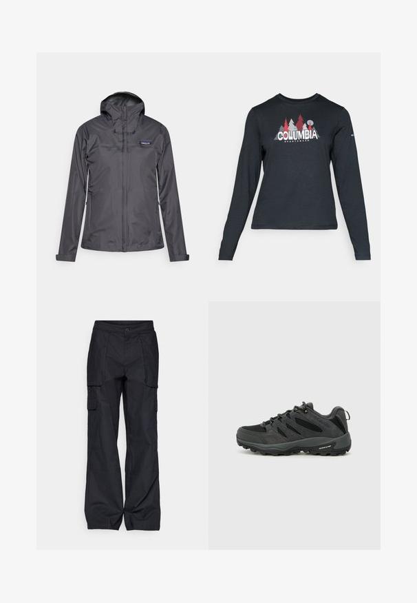 Tmavě šedá nepromokavá bunda s kapucí, předním zipem, zipovými postranními kapsami a logem Patagonia na levé hrudi.; Tmavě šedá dlouhá košile s grafikou červených stromů a hor; logo "COLUMBIA" v tučném bílém písmu. Měkká tkanina, standardní kulatý výstřih.; Columbia BREA FALLS™ COTTON RIPSTOP PANT - Outdoorové kalhoty - black; Columbia REDMOND - Trekingové boty - black/citron haze