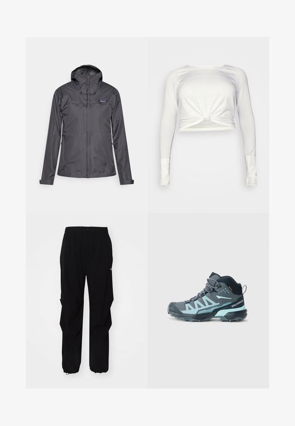 Tumši pelēkas ūdensnecaurlaidīgas jakas ar kapuci, priekšējo rāvējslēdzēju, rāvējslēdzēja sānu kabatām un Patagonia logo kreisajā krūtī.; lululemon SWIFTLY TECH LONG SLEEVE - Tops ar garām piedurknēm - white/white; Melnas āra bikses, kas izgatavotas no izturīga materiāla, ar brīvu piegriezumu, elastīgu jostu un savilktiem rāvējslēdzējiem, lai pielāgotu garumu.; Tumši pelēki pusgarie pārgājienu apavi ar gaiši ziliem akcentiem. Iespējots teksturēts augšdaļa, pastiprināta purngala daļa un izturīga zole, kas nodrošina labu saķeri.
