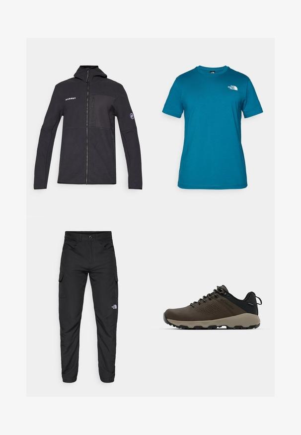 Čierna fleecová bunda s kapucňou, zipsom vpredu a logom na akcentoch. Obsahuje náprsné vrecko a bočné vrecká; hladká textúra a priliehavý strih.; Tyrkysové tričko s krátkym rukávom vyrobené z mäkkej bavlny, s bielym logom potlačeným na ľavej hrudi a klasickým dizajnom okrúhleho výstrihu.; The North Face HORIZON PANT - Outdoorové nohavice - black; Hnedé vodoodolné tenisky s textúrovaným zvrškom, perforovanými detailmi, čiernou oporou päty a šedou gumovou podrážkou. Šnúrky sú ozdobené kovovými koncami.
