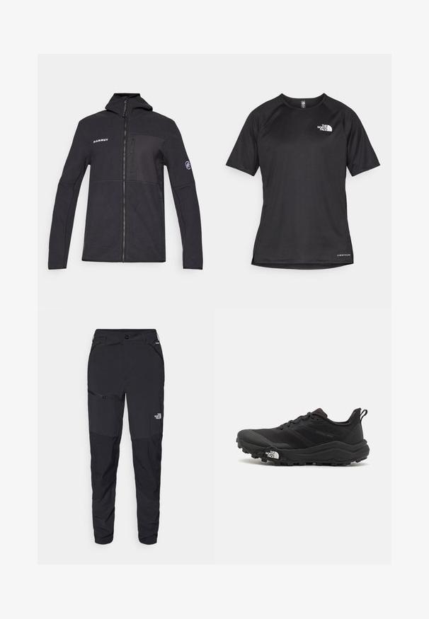 Črna flis jakna s kapuco, z zadrgo spredaj in logotipnimi detajli. Ima žep na prsih in stranske žepe; gladka tekstura in prilega se telesu.; Črna kratko rokavna športna majica iz teksturirane tkanine, z belim logotipom na levem prsnem delu in ravnim robom.; Črne zunanje hlače s tesnim krojem, narejene iz trpežnega materiala. Imajo žepke na zadrgo in diskretno blagovno znamko na sprednjem delu noge.; Črne tekaške čevlje za trail s teksturirano zgornjega dela, gumijastim podplatom in ojačanim zaključkom prstov. Vključuje oblazinjen ovratnik in zanko za enostavno obuvanje.