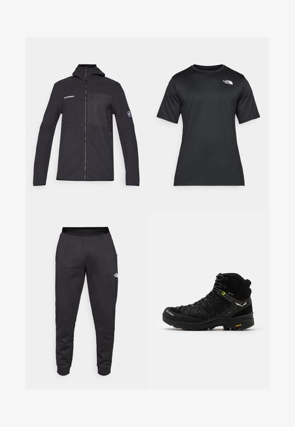 Chaqueta de forro polar negra con capucha, cierre frontal de cremallera y detalles de logotipo. Cuenta con un bolsillo en el pecho y bolsillos laterales; textura suave y diseño ajustado.; Camiseta negra de manga corta, fabricada con un tejido ligero que absorbe la humedad. Cuenta con un logo blanco en el lado izquierdo del pecho y un cuello redondo.; Pantalones de chándal negros hechos de tela suave, con un diseño ajustado, cintura elástica y detalle del logo en la pierna derecha.; Bota de senderismo negra con parte superior texturizada, puntera reforzada y suela Vibram. El sistema de cordones incluye ganchos para un ajuste seguro.