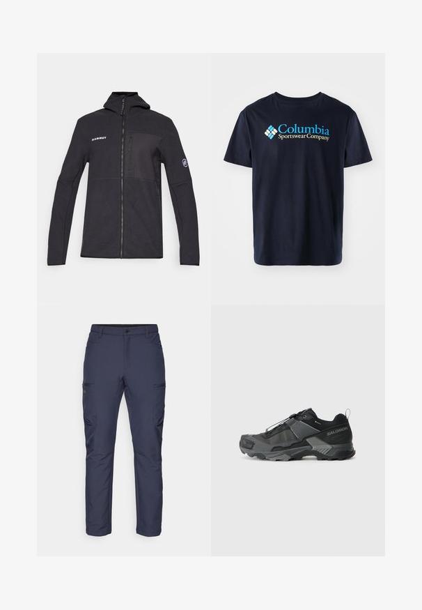 Musta fleece-takki hupulla, vetoketju edessä ja logo-akkentit. Varustettu rintataskulla ja sivutaskuilla; sileä pinta ja istuva muotoilu.; Columbia BASIC LOGO™ SHORT SLEEVE - Printtipaita - black; Meripetsintupanssit, jotka on valmistettu kevyestä materiaalista, joissa on kaksi vetoketjullista sivutaskua, normaali vyötärö ja suora lahjetyyli.; Mustat maastohiihtokengät, joissa on kestävä verkkokansi, vahvistettu varvaskuppi, teksturoitu kumipohja ja joustava nauhajärjestelmä varman istuvuuden takaamiseksi.
