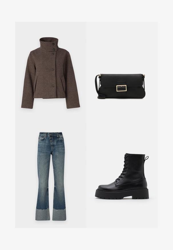 Object OBJRIKI SHORT JACKET - Light jacket - morel; Vero Moda VMNEWCREAM FUNNELNECK PULLOVER - Jumper - black/birch; Denim flared jeans in medium blue with a high waist, five buttons, and frayed hem. Features a lighter cuff at the bottom and faded texture.; Black leather ankle boots with a round toe, lace-up front, and a thick rubber sole featuring a textured tread. Pull tab at the back.; Black leather clutch bag with a flap and a gold metal buckle detail. Includes a black strap and a sleek, minimalist design.; Gold-colored hoop earrings, thin and round in shape, with a smooth metallic finish and no embellishments or patterns.