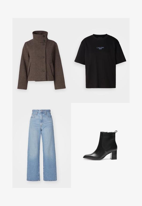 Object OBJRIKI SHORT JACKET - Übergangsjacke - morel; Schwarzes Baumwoll-T-Shirt mit Rundhalsausschnitt, kurzen Ärmeln und blau gesticktem "Calvin Klein JEANS"-Logo auf der Vorderseite.; Hellblaue High-Waist-Weite-Leg-Jeans mit Knopf- und Reißverschluss vorne, Vorder- und Rückentaschen, auf weißem Hintergrund.; Schwarze Leder-Ankle-Boots mit runder Spitze, moderatem Blockabsatz und einer Schlaufe an der Rückseite. Glatte Textur, minimales Design.