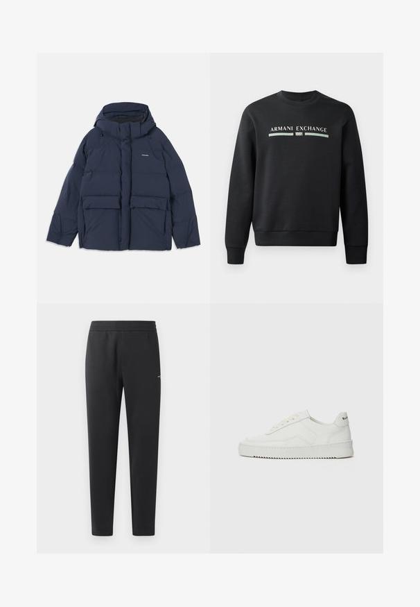 Tumesinine pusa, millel on kapuuts, kaks suurt esitaskut ja tõmblukuga sulgemine. Materjal näib olevat sile ja soojustatud.; Mustakas sweatshirts, mis on valmistatud pehmest kangast. Omab ümmargust kaelust ja pikki varrukaid. Ees on kujutatud "ARMANI EXCHANGE" ja "1991" kontrastsetes värvides.; Mustad jogger pants pehmest kangast, millel on elastne vöökoht, sirged sääred ja üks väike logodetail küljel.; Valge nahast tennis, millel on sile põhi, ümar varvas, lamedad nöörid ja tekstuuriline tall. Sisaldab diskreetset logo kontsaribal.