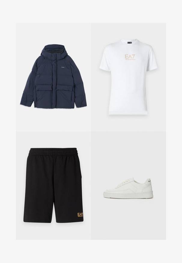 Temno modra puhovka s kapuco, ki ima dve veliki sprednji žepi in zadrgo. Material se zdi gladek in izoliran.; Bela bombažna majica s krožnim izrezom in kratkimi rokavi, s pozlačenim logotipom EA7 Emporio Armani natisnjenim spredaj.; Črne športne kratke hlače iz mehkega blaga, z elastičnim pasom in majhnim rumenim logotipom EA7 na spodnjem levem delu noge.; Bela usnjena športna obutev z gladko površino, okroglo prst, ravne vezalke in teksturiran podplat. Ima diskretno logo na peti.