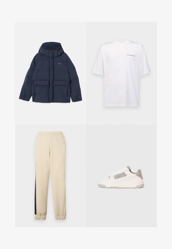 Tumši zils pūkains mētelis ar kapuci, kas aprīkots ar divām lielām priekšējām kabatām un ar rāvējslēdzēju. Materiāls izskatās gluds un izolēts.; Baltas īsām piedurknēm T-kreklis no kokvilnas ar V veida kakla izgriezumu, uz kura kreisajā pusē ir melns "FILLING PIECES" logo.; Krēmkrāsas sporta bikses ar melnām sānu joslām, elastīgu jostasvietu un ribotu piedurkni. Mīksta auduma, ar brīvu piegriezumu.; Balti un gaiši pelēki zemas tenisa kurpes ar baltām auklām un zamša akcentiem, attēlotas no sāna uz vienkārša gaiša fona.