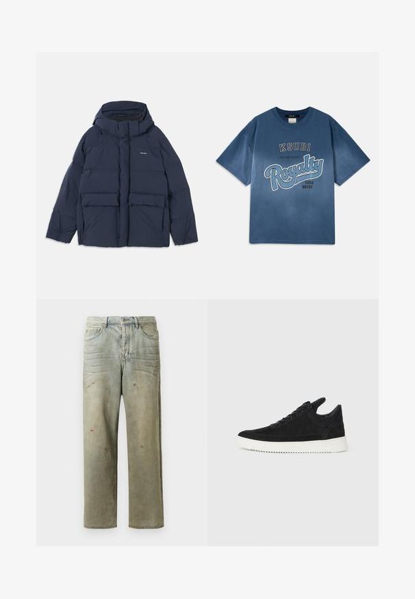 Námornícká modrá prošívaná bunda s kapucí, která má dvě velké přední kapsy a zip. Materiál vypadá hladce a je zateplený.; Modré bavlněné tričko s kulatým výstřihem, krátkými rukávy a předním grafickým textem: "KSUBI ZALOŽENÉ, Království 1999 NIKDY."; Odstřižené džíny v světle zelené barvě, se rovnými nohavicemi, pěti kapsami a nerovnoměrným vyblednutím s barevnými skvrnami.; Černé semišové tenisky s bílou gumovou podrážkou, s tónovým prošitím a šněrováním. Hladký povrch s moderním, aerodynamickým tvarem.