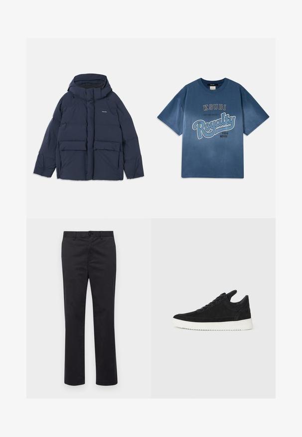 Navy blauwe gewatteerde jas met capuchon, voorzien van twee grote voorzakken en een ritssluiting. Het materiaal lijkt glad en geïsoleerd.; Blauwe katoenen T-shirt met een ronde hals, korte mouwen en een grafische tekst op de voorkant: "KSUBI ESTABLISHED Royalty 1999 NEVER."; Zwarte katoenen broek met een recht pijpdesign, voorzien van een knoopsluiting en riemlussen. Soepele textuur, geen zichtbare patronen of accenten.; Zwarte suède sneakers met een witte rubberen zool, voorzien van tonale stiksels en een vetersluiting. Glad oppervlak met een moderne, gestroomlijnde vorm.
