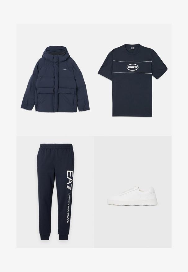 Tumesinine pusa, millel on kapuuts, kaks suurt esitaskut ja tõmblukuga sulgemine. Materjal näib olevat sile ja soojustatud.; Tumed sinine puuvillane T-särk lühikeste varrukatega, millel on valge logo jatriibud rinnaosas. Ümmargune kaelus, lõdva istuvusega.; Tumedate sinised puuvillased dressipüksid, millel on elastne vöökoht, kitsenevad sääred ja kontrastsed valged EA7 ja Emporio Armani logod trükituna küljele.; Valge jooksutoss, millel on siledast nahast ülemine osa, ümmargune nina, paelad, tekstuuriga küljeaktsendid ja paks kummitald. Minimalistlik disain.