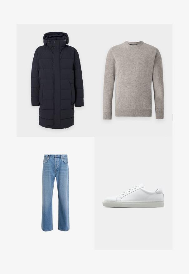 Námorně modrá pufovaná bunda s kapucí, s horizontálním prošíváním, dvěma bočními kapsami a knoflíkovými zapínáními. Vyrobena z texturovaného, izolačního materiálu.; Svetle šedý pletený svetr s kulatým výstřihem, dlouhými rukávy a žebrovanými manžetami a lemem. Texturovaný vzor s barevnými skvrnami.; Světle modré džínové kalhoty s rovnými nohavicemi, pěti kapsami, zapínáním na knoflík, minimálním vyblednutím a kontrastním prošitím.; Bílé tenisky s hladkým koženým svrškem a nízkým profilem. Mají zaoblenou špičku, šest nýtů a texturovanou gumovou podrážku.
