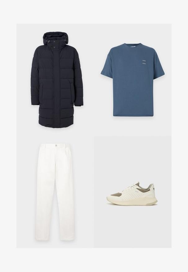 Marineblå puffjakke med hætte, vandret quiltet design, to sidelommer og knaplukninger. Fremstillet af tekstureret, isoleret materiale.; Blå bomulds t-shirt med klassisk rund hals, korte ærmer, afslappet pasform og to små trykte logoer på brystet. Glat tekstur.; Hvide bukser lavet af glat stof, med en lige ben design, forpleater og en enkelt knap lukning i taljen.; Hvide og lyse beige sportssko med en mesh-overdel, perforerede detaljer og en tekstureret mellemsål med branding på hælen.