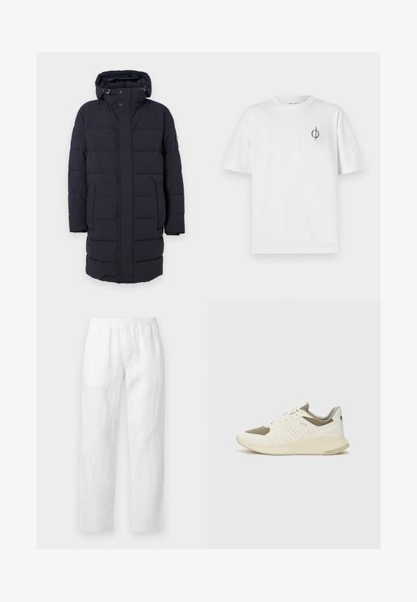Sötétkék puffertakaró kabát kapucnival, vízszintes steppelt mintával, két oldalsó zsebbel és gombos záródással. Texturált, szigetelt anyagból készült.; Fehér pamut póló laza szabással, kis fekete grafikai logóval a bal mellen. Rövid ujjak, kerek nyakkivágás.; Fehér lenvászon nadrág, rugalmas derékpánttal, egyenes szárú szabással és lágy tapintású anyaggal, minták vagy látható díszítőelemek nélkül.; Fehér és világos bézs sportcipő, légies hálós felsőrésszel, perforált részletekkel és texturált középtalppal, amelyen a saroknál a márka logója található.