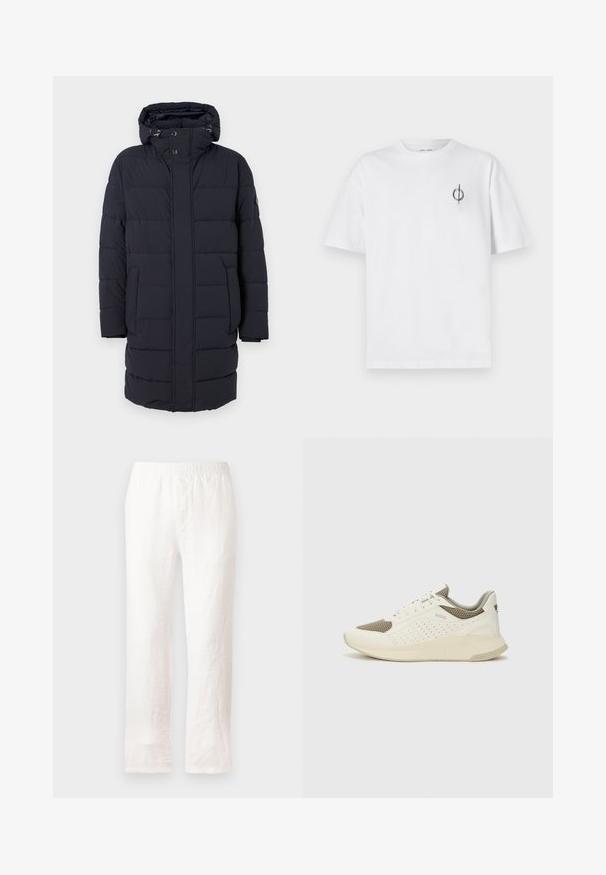 Tumši zils pūkains mētelis ar kapuci, horizontālas quilted dizains, divas sānu kabatas un pogu aizdare. Izgatavots no teksturēta, izolējoša materiāla.; Bāla kokvilnas t-kreklu ar brīvu piegulšanu, kuram uz kreisā krūšu apvidus ir neliels melns grafiskais logotips. Īsas piedurknes, apaļas kakla izgriezums.; Baltas lina bikses ar elastīgu jostu, taisnas kājas dizains un mazliet teksturēta auduma. Nav rakstiem vai papildu detaļām.; Baltas un gaiši bež sporta apavi, ar sieta augšdaļu, perforētiem detaļām un teksturētu vidusdaļu ar zīmolu uz papēža.