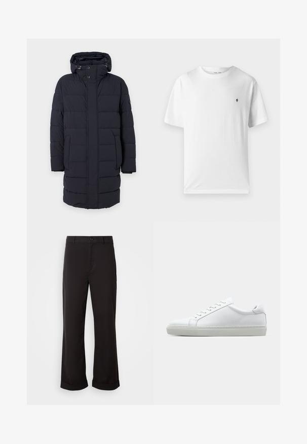 Tumed sinine puffjakker kapuutsiga, horisontaalselt noolitud disainiga, kahe küljetaskuga ja nööbi sulgemisega. Valmistatud tekstuurilisest isoleeritud materjalist.; Valge puuvillane T-särk ümmarguse kaelusega, lühikeste varrukatega ja väikese musta logoga rinnal. Pehme tekstuur, casual sobivus.; Mustad sirgedega mustad püksid, valmistatud kergest kangast. Omavad klassikalist nuppude sulgemist ja rullitud ääri.; Valge tennisetoss, millel on sile nahk pealis ja madal profiil. Omab ümarat ninaosa, kuut silmust ja tekstuuriga kummist talda.