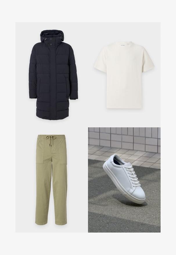 Navy blue puffer coat with a hood, horizontal quilted design, two side pockets, and button closures. Made of textured, insulated material.; White short-sleeve T-shirt in a ribbed texture. Round neckline, relaxed fit, no visible patterns or accents. Simple and versatile design.; Light olive green pants made of cotton blend fabric, featuring an elastic waistband with drawstring, and two large side pockets.; White leather sneaker with a smooth texture, lace-up design, and a rounded toe. Features a textured rubber sole and minimalistic accents.