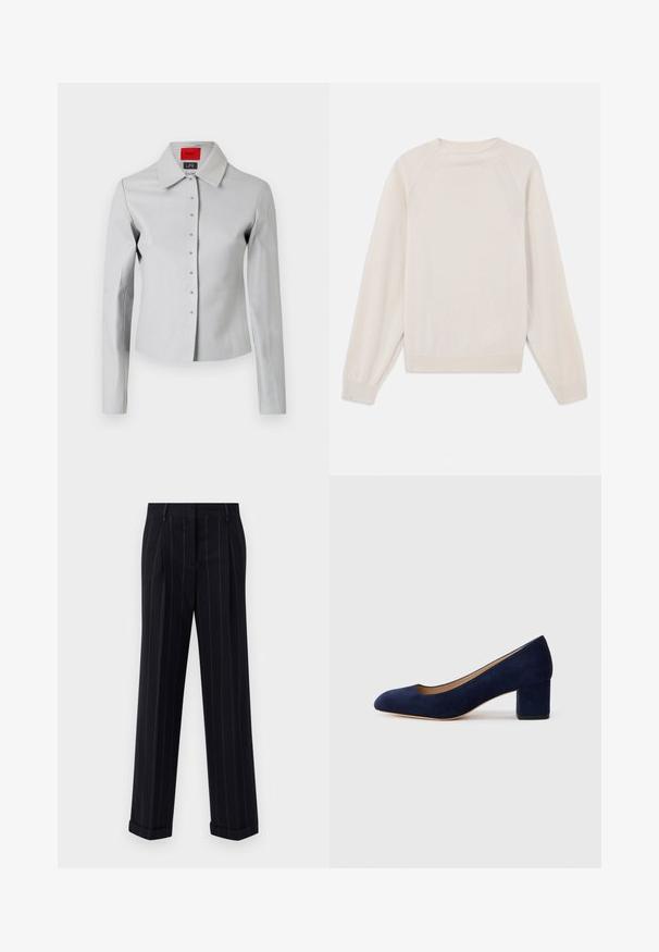 Hellgrau gefittetes Hemd mit großem Kragen, Knopfleiste und silberfarbenen Knöpfen. Glatte Textur und maßgeschneiderte Gestaltung.; Hellbeige Pullover aus weichem Strickstoff. Mit Rundhalsausschnitt, langen Ärmeln und gerippten Bündchen sowie Saum im Raglan-Schnitt.; Schwarz gestreifte Hose mit tailliertem Schnitt, mit einem umgeschlagenen Saum und vorderen Falten. Hergestellt aus glattem Stoff mit einer strukturierten Gestaltung.; Marineblaue Wildleder-Pumps mit spitzem Zehenbereich und einem mittelhohen Blockabsatz. Glatte Textur mit einem subtilen Glanz und einem kleinen Ausschnitt an der Vorderseite.