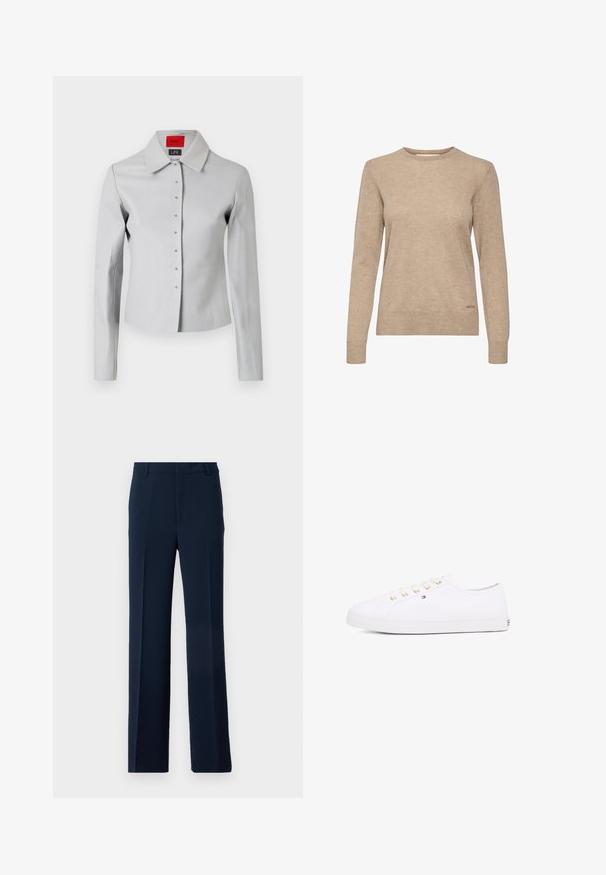 Svetlošedá priliehavá košeľa s veľkým golierom, predným zapínaním na gombíky a gombíkmi v striebristom odtieni. Hladká textúra a strih vyrobený na mieru.; Bežový sveter s dlhým rukávom a okrúhlym výstrihom, vyrobený z mäkkého, textúrovaného materiálu, s jemným logom pri leme.; Námornícky modré nohavice vyrobené z hladkej látky, s rovnými nohavicami, prednými záhybmi a bočnými vreckami pre upravený vzhľad.; Biele plátkové tenisky so zlatými očkami, plochými šnúrkami, textúrovanou gumovou podrážkou a minimálnym brandingom na strane. Nízky profil.