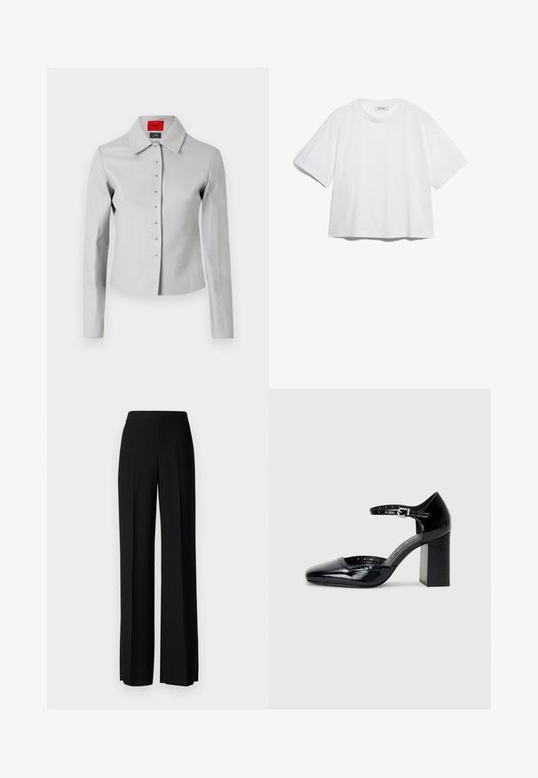 Cămașă ajustată de culoare gri deschis, cu guler mare, închidere cu nasturi și nasturi de nuanță argintie. Textură netedă și design adaptat.; Tricou alb din bumbac, cu mâneci scurte, guler rotund, croială confortabilă și fără modele sau grafice vizibile. Textură netedă și design simplu.; Pantaloni negri cu picioare largi, cu o textură netedă, având o talie înaltă și pliseuri centrale. Fără modele vizibile sau detalii de hardware.; Pantofi cu toc înalt din piele lăcuită neagră, cu vârf pătrat, curea pentru gleznă și toc gros. Include detalii perforate de-a lungul marginii.