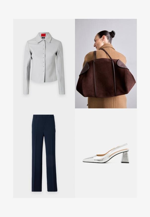 Lichtgrijze, aangesloten shirt met een grote kraag, knoopsluiting aan de voorkant en zilverkleurige knopen. Glad textuur en op maat gemaakt ontwerp.; Witte langemouwen turtle neck shirt van een soepel, rekbaar stof. Heeft een strakke pasvorm en een hoge kraag. Geen zichtbare patronen of accenten.; Marineblauwe broek van glad stoffen, met een recht model, vooraan geplooid en met zijzakken voor een verfijnde uitstraling.; Zilveren slingback pump met een spitse neus, textuur metallic afwerking en een driehoekige blokhak. Binnenkant met bruine leren details.; Bruine suède handtas met donkere leren accenten, met een gestructureerde vorm en dubbele handvatten, gedragen over de schouder tegen een beige jas.