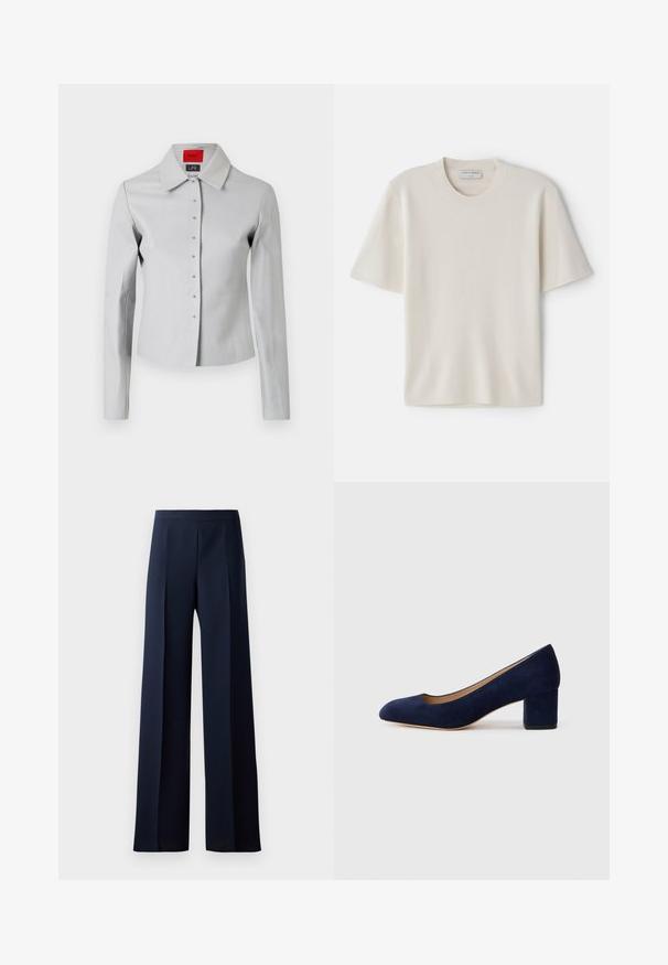 Helehall triiksärk, millel on suur krae, nööbid ees ja hõbedased nööbid. Sujuv tekstuur ja kohandatud disain.; Kreem värvi lühikeste varrukatega T-särk ümmarguse kaelusega, valmistatud pehmest materjalist, omades sirget lõiget ja minimaalseid detailide rõhutusi.; Laiad püksid tumesinises kangas, millel on sile tekstuur, peened esiplekid ja istuv vöökoht, mis loob sujuva silueti.; Tumesinise sametist kõrge kontsaga king, millel on terav nina ja keskmise kõrgusega plokk-konts. Sile tekstuur kerge sädelusega ja ees väike lõige.