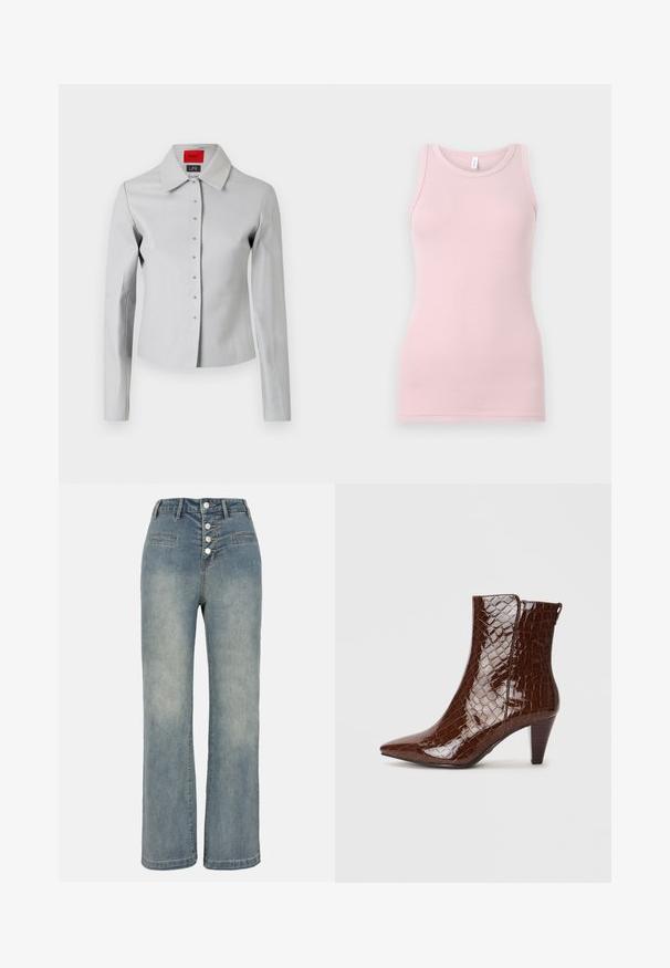 Cămașă ajustată de culoare gri deschis, cu guler mare, închidere cu nasturi și nasturi de nuanță argintie. Textură netedă și design adaptat.; Top cu bretele subțiri, de culoare roz deschis, realizat dintr-un material moale și elastic. Dispune de un decolteu rotund și bretele înguste, având o textură fină și o formă ajustată.; Jeansi din denim albastru deschis, cu croială largă, talie înaltă, închidere cu cinci nasturi și două buzunare frontale. Textură netedă cu o ușoară decolorare.; Ghete maro din piele ecologică cu vârf ascuțit, textură de crocodil și toc suprapus de 5 cm. Deschidere laterală fără elemente vizibile de prindere.