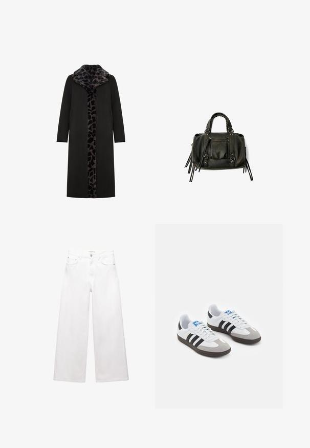Černý dlouhý kabát s límcem a předními panely z leopardího potisku z umělé kožešiny, s bočními kapsami a elegantním, rovný siluetou.; Krémový top s dlouhými rukávy, širokým výstřihem a rozšířenými rukávy. Hladká, lehká látka. Jednoduchý, minimalistický design bez ozdob.; Bílé široké džíny vyrobené z bavlny, s vysokým pasem, pěti kapsami a akcenty z mosazného hardwaru. Hladká, nedotčená textura.; Sportovní boty s bílým koženým svrškem, šedou semišovou špičkou a třemi černými pruhy. Obsahují modré logo na jazyku a texturovanou gumovou podrážku.; Černá kožená kabelka s pletenými rukojetmi, kapsou na zip a visícími třásněmi. Texturovaný povrch s kovovými hroty a kovovými akcenty.