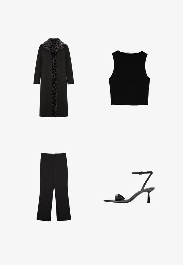 Černý dlouhý kabát s límcem a předními panely z leopardího potisku z umělé kožešiny, s bočními kapsami a elegantním, rovný siluetou.; Černý bezsleeve crop top vyrobený z hladké tkaniny, s kulatým výstřihem a čistým, jednoduchým designem bez vzorů nebo kovových doplňků.; Černé kalhoty s rovným střihem, s předními kapsami a bočními rozparky na lemu. Vyrobené z jemné, hladké tkaniny. Vhodné na různé příležitosti.; Bershka Sandály na vysokém podpatku - black