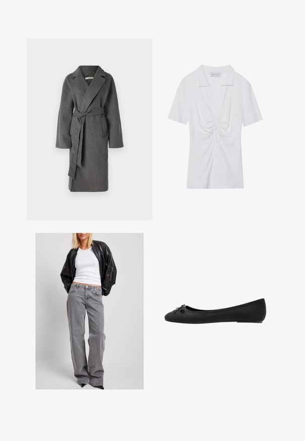 Hallikas villa mantel, millel on krae, pikad varrukad ja sidumisvöö. Omab veidi tekstuuriga pinda ja on põlvepikkune.; Valge lühikeste varrukatega blouse, millel on krae, esiosas keeratud sõlme detail ja nööpidega sulg. Sile ja sooniline tekstuur.; Mustmust nahk bomber-jope, valge ribaga tank-top ja kõrge vöökohaga hallid teksad, millel on lahti istuv lõige, peened õmblused ja aksenttaskud.; Mustad sametist balleti kingad ümarate varvastega, esiosa kaunistava paeltega ja lame tald. Sile tekstuur ja klassikaline kuju.