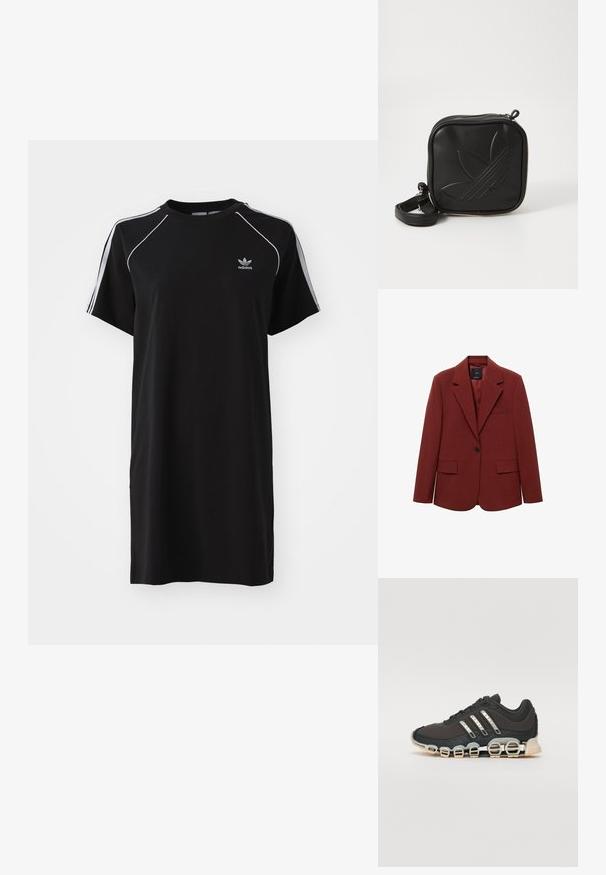 Roter strukturierter Blazer, Ein-Knopf-Verschluss, Reverskragen, zwei Fronttaschen, strukturiertes gewebtes Material und eine Brusttasche.; Schwarzes kurzärmeliges Kleid aus weichem Stoff mit weißen Seitenstreifen, runder Ausschnitt und kleinem Logo auf der Brust.; Schwarzer Sportschuh mit einer strukturierten Oberseite, drei silbernen Streifen und einer markanten Dämpfungssohle mit mehreren integrierten Sektionen.; Schwarze Umhängetasche aus strukturiertem synthetischem Material. Verfügt über ein eingeprägtes Logodesign und einen verstellbaren Riemen. Mit Reißverschluss geschlossen.