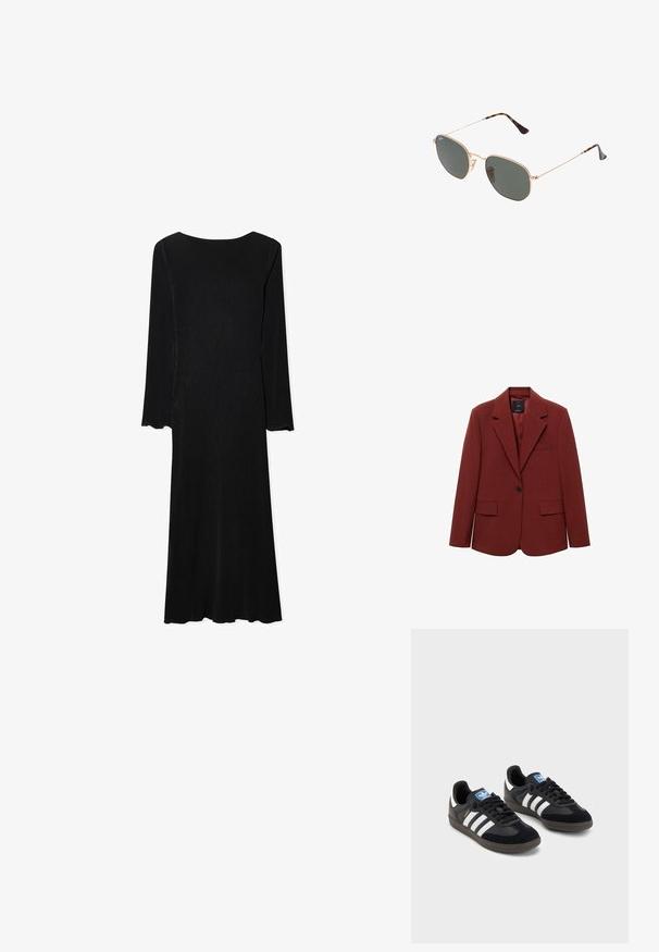 Blazer estructurado rojo, cierre de un solo botón, solapas con muescas, dos bolsillos frontales, tejido texturizado y detalle en el bolsillo del pecho.; Vestido negro de manga larga con canalé, con un cuerpo entallado, dobladillo acampanado y bordes de las mangas en forma de ondas. Presenta un escote redondo y una textura suave.; Zapatillas negras con un upper de ante y sintético, con tres rayas blancas, suela de goma texturizada y etiqueta de logo azul en la lengüeta.; Gafas de sol de metal dorado con lentes verde oscuro, estilo aviador, con patillas delgadas y acentos de carey en los extremos.