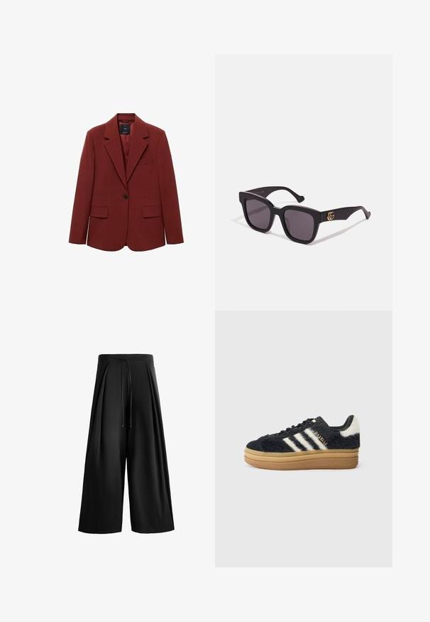 Sacou roșu structurat, închidere cu un singur buton, rever în formă de v, două buzunare frontale, țesătură texturată, și detaliu la buzunarul de piept.; Tricou alb din bumbac, cu guler rotund, cu mâneci scurte și o textură netedă. Proiectat cu o croială lejeră pentru confort și versatilitate.; Pantaloni negri cu picioare largi, confecționați dintr-un material neted, dotati cu un cordon de ajustare la talie și detalii pliseu în față pentru a adăuga textură și volum.; Tenisi negri pufoși cu dungi albe și literă aurie, având o talpă groasă din gumă și un upper texturat. Accentuati cu o parte din spate pufoasă.; Ochelari de soare pătrați negri cu lentile întunecate. Rama mată cu accente aurii ale logo-ului pe braț. Design elegant cu brațe groase.