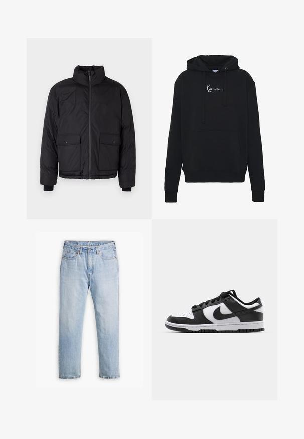 Schwarze Pufferjacke mit Stehkragen, vorderem Reißverschluss und zwei vorderen Klapptaschen. Enthält strukturierten Stoff und elastische Bündchen.; Schwarzer Hoodie aus weichem Material, mit einer Fronttasche, Kordelzügen und weißer Logo-Stickerei auf der Brust. Klassische Passform und gerippte Bündchen.; Helle blaue Denim-Jeans mit geradem Bein, im Fünf-Taschen-Stil und kontrastierenden Nähten. Knopf- und Reißverschluss an der Taille.; Schwarze und weiße Nike Dunk Sneakers mit einem Obermaterial aus Leder, perforierter Zehenpartie, schwarzen Schnürsenkeln und einer schwarzen Gummisohle mit Profildesign.