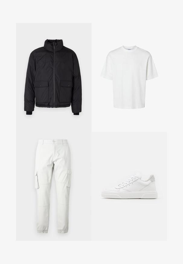 Sort pufferjakke med en ståkrave, frontlynlås og to foran flaplommer. Har tekstureret stof og elastiske manchetter.; Hvid bomulds T-shirt med korte ærmer, rund halsudskæring og en afslappet pasform. Glat tekstur uden synlige mønstre eller detaljer.; Lys grå cargobukser med sidelommer, elastiske ankler og knaplukning. Fremstillet af slidstærkt stof med en glat overflade.; Hvide lædersneakers med en glat finish, rund tå, flade snørebånd og en struktureret sål. Grå ruskindsdetalje ved hælen.