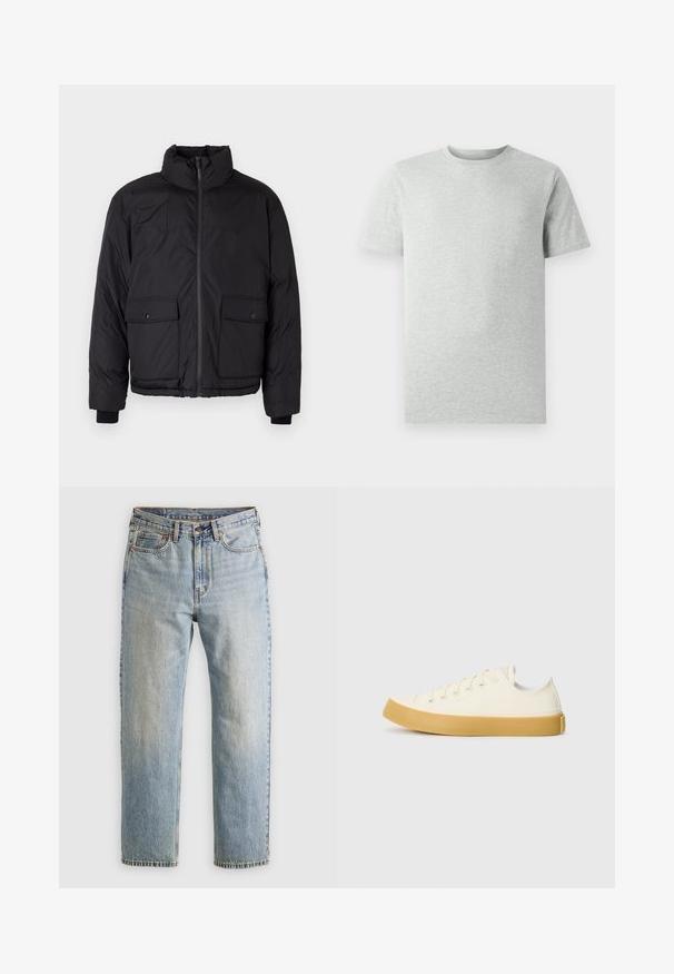 Czarna kurtka puchowa z kołnierzem stojącym, zamkiem błyskawicznym z przodu i dwiema przednimi kieszeniami z klapami. Wykonana z teksturowanej tkaniny i posiada elastyczne mankiety.; Jasnoszara koszulka typu T-shirt z krótkim rękawem i okrągłym dekoltem, wyeksponowana na białym tle, widok z przodu bez widocznych logo czy wzorów.; Jasnoniebieskie dżinsy z wysokim stanem, z guzikiem z przodu, zamkiem błyskawicznym i pięcioma kieszeniami, ułożone na płasko na neutralnym tle.; Płócienne sneakersy w odcieniu ecru z okrągłym noskiem, charakteryzujące się beżowymi gumowymi podeszwami i pięcioma otworami na sznurówki, z teksturowanym wykończeniem cholewy.
