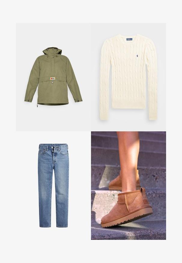 Alyvuogių žalios spalvos su kapuce anorakas, su priekiu kišenė, mygtukų užsegimais ir Fjällräven logotipu ant krūtinės.; Kreminė megzta palaidinė su ilgomis rankovėmis, gumbuotais rankogaliais ir apačia, su nedideliu išsiuvinėtų logotipu kairiajame krūtinės kampe.; Šviesiai mėlynos džinsinės kelnės su tiesiu kirpimu, penkių kišenių dizainu ir mygtukų užsegimu. Pasižymi subtiliu nusidėvėjimu ir oranžiniais siūlais.; Samaniniai suknelės auliniai batai su minkšta tekstūra, siūlės detalėmis ir guminiu padu, su kilpiniu kulnu, kad būtų patogu užsivilkti.