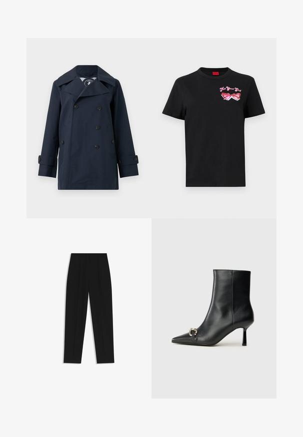Cappotto doppiopetto blu navy realizzato in tessuto resistente all'acqua, con grandi rever, due tasche laterali e polsini con bottone.; T-shirt in cotone nero con maniche corte, caratterizzato da una grafica rosa di occhiali da sole e la scritta "Non tua ragazza" sulla parte sinistra del petto.; Pantaloni neri a taglio dritto, con doppie pieghe, una texture liscia e un design classico in vita. Nessun hardware o dettaglio visibile.; Stivale alla caviglia in pelle nera con punta affusolata, tacco sottile di media altezza e dettaglio in fibbia argentata sul lato, su sfondo semplice.