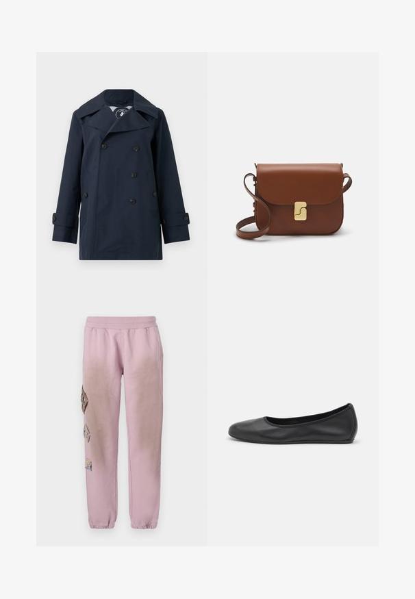 Marineblauer zweireihiger Mantel aus wasserabweisendem Stoff, mit großen Revers, zwei Seitentaschen und geknöpften Manschetten.; Weißes kurzärmliges T-Shirt aus geripptem Stoff. Runder Halsausschnitt, normale Passform und dezente Nähte. Keine Muster oder Grafiken.; Rosa Sweatpants mit elastischem Bund, verziert mit dekorativen Patches in Diamantform auf der linken Seite und elastischen Bündchen an den Knöcheln.; Schwarze Leder-Ballettschuhe mit abgerundeter Spitze, glatter Textur, minimalen Nähdetails und einem flexiblen Sohlen-Design.; Braune Ledertasche mit Klappenverschluss, Beschlägen in Goldfarbe, einem Schultergurt und einer glatten Oberfläche. Kompakte rechteckige Form.