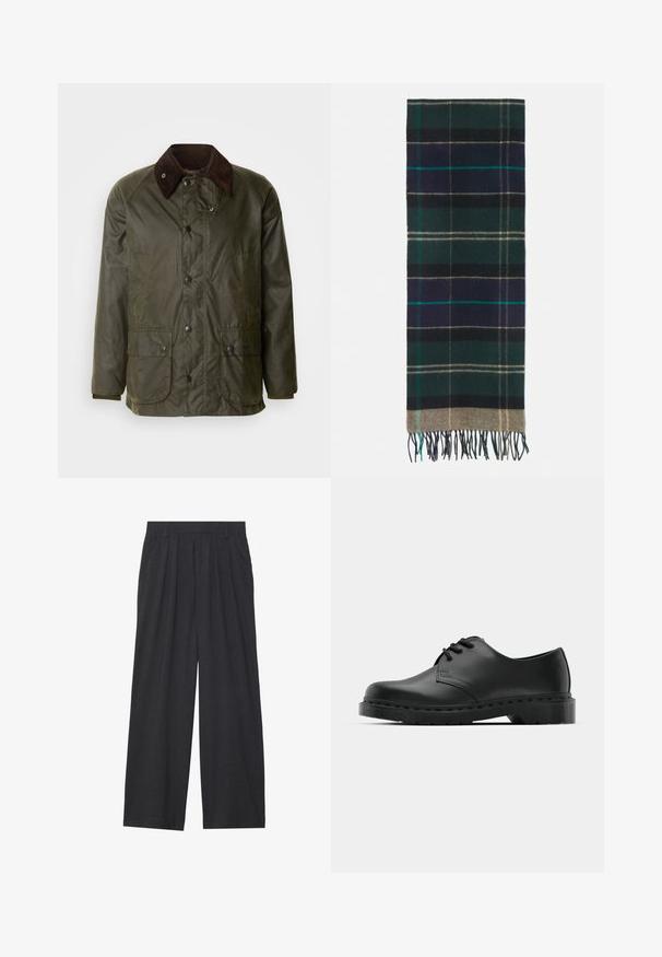 Barbour BEDALE JACKET - Suvejakk - archive olive; Valge pikkade varrukatega nööbiga särk, mis on valmistatud siledast kangast. Omab klassikalist kraed, esipaneeli nuppe ja ühe nööbiga mansette. Kitsas lõige.; Laiene püksid, mis on valmistatud tumedast hallist kangast. Omavad vööümbrikus voldikuid, on kohandatud disainiga ja sirge siluett.; Mustad musta nahast oksfordi king, millel on paeltega disain, ümar nina, lame kummist tallal ja diskreetne õmblemise detail ülemise osa ääres.; Barbour INVERNESS SCARF UNISEX - Sall - green; Kitsas musta lips, millel on tekstureeritud, diagonaalne ribakujuline muster. Omab teravat otste ning sileda viimistlusega. Sobib ametlikeks üritusteks.