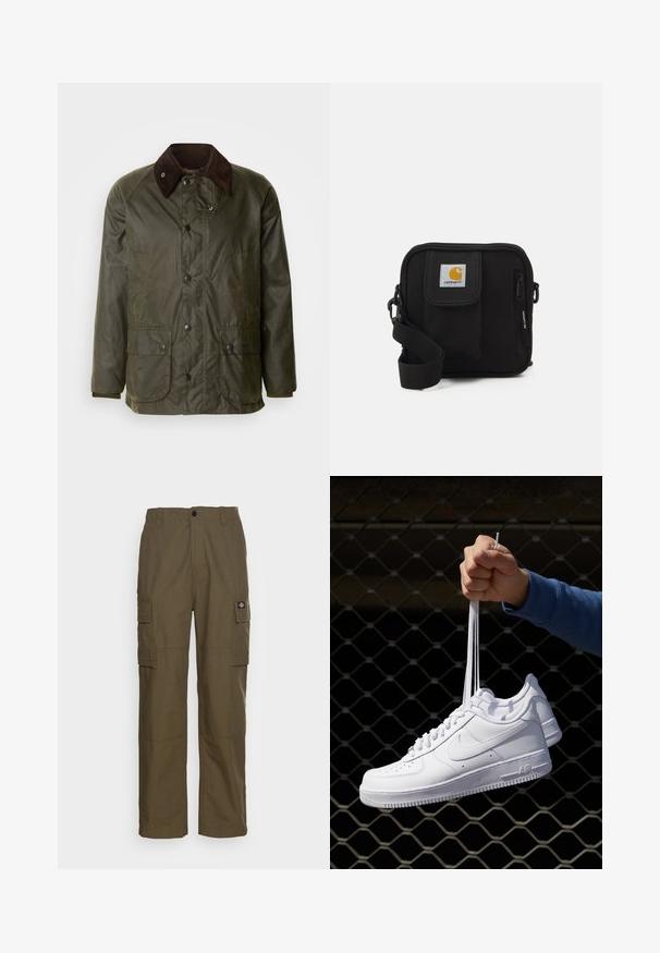 Barbour BEDALE JACKET - Casaco de verão - archive olive; Camiseta branca de manga curta feita de algodão, apresentando um decote redondo e uma textura suave, com um corte reto e sem padrões.; Calças cargo em verde oliva, feitas de um tecido resistente. Apresentam dois bolsos laterais, uma cintura padrão e um corte de perna reta.; Sapatilhas de couro branco com perfurações, biqueira redonda, sola plana e atacadores grossos, apresentando um logotipo swoosh visível e "AIR" no calcanhar.; Bolsa transversal preta com um compartimento principal com fecho éclair, bolso frontal, alça ajustável e um logotipo visível na aba.