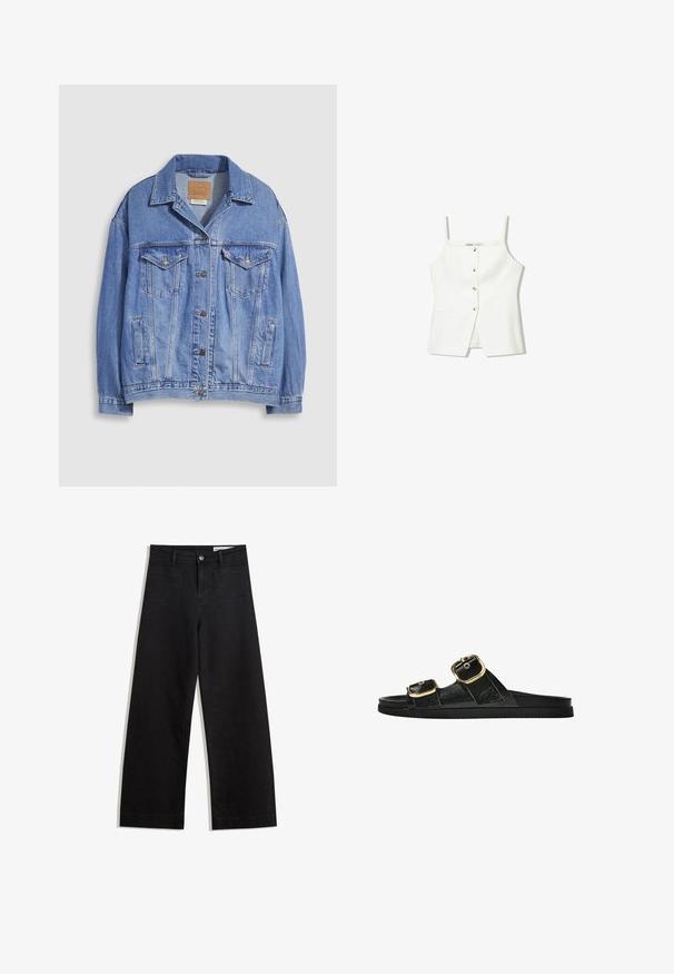 Světlá modrá džínová bunda s košilovým límečkem, zapínáním na knoflíky, dvěma náprsními kapsami a bočními kapsami. Viditelná opotřebovaná textura a značená štítek.; Bílý bezrukávový top se zapínáním na knoflíky vpředu, postranními kapsami a přiléhavým střihem s mírně rozšířeným lemem. Hladká textura, minimální detaily.; Černé denimové kalhoty s volným střihem a vysokým pasem, vybavené předními a zadními kapsami, prošívanými švy a knoflíkovým zapínáním. Hladká textura.; Černé kluzné sandály s dvěma zlatými sponami, hladkým texturovaným materiálem, plochou podrážkou a minimalistickým designem.