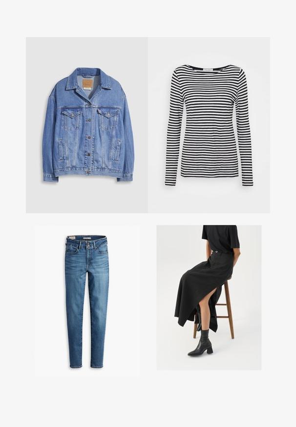 Šviesiai mėlynas džinsinis švarkelis su marškinių apykakle, užsegamas mygtukais, dvi krūtinės kišenės ir šoninės kišenės. Matomas suplėšytas audinys ir prekės ženklo etiketė.; Ilga rankovė, apvalios apykaklės marškiniai, puikuojantys juodai baltu dryžuotu raštu. Pagaminti iš minkštos medžiagos, su įprastu siluetu. Švarus, minimalus dizainas.; Aukštos liemens, liesos džinsai šviesiai mėlynos spalvos. Yra penki kišenės, priekinis sagų uždarymas ir klasikinis siuvimo detalė visame džinsų paviršiuje.; Juoda lininė maksi sijonas su aukštu plyšiu, vilkimas su juodu marškinėliu ir juodais aulinukais. Minimalistinis dizainas su laisvu siluetu.