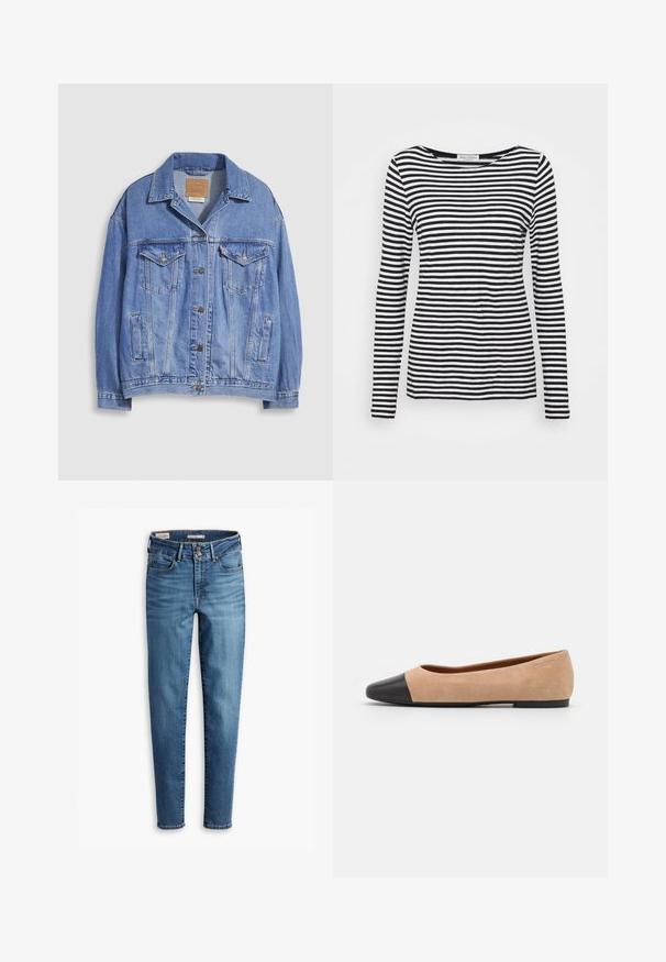 Világoskék farmerdzseki inggallérral, gombos záródással, két mellzsebbel és oldalzsebekkel. Kopott hatású felület és látható márkajelzés.; Hosszú ujjú, kerek nyakú póló fekete és fehér csíkos mintával. Puha anyagból készült, normál szabással. Letisztult, minimalista dizájn.; Felső derékig érő, karcsú farmernadrág világoskék denim anyagból. Öt zseb, elöl gombos zárás és klasszikus varrási részletek jellemzik.; Beige velúr balettcipő fekete bőr kerek orral, alacsony sarokkal és sima textúrával, minimális varrással és letisztult dizájnnal.