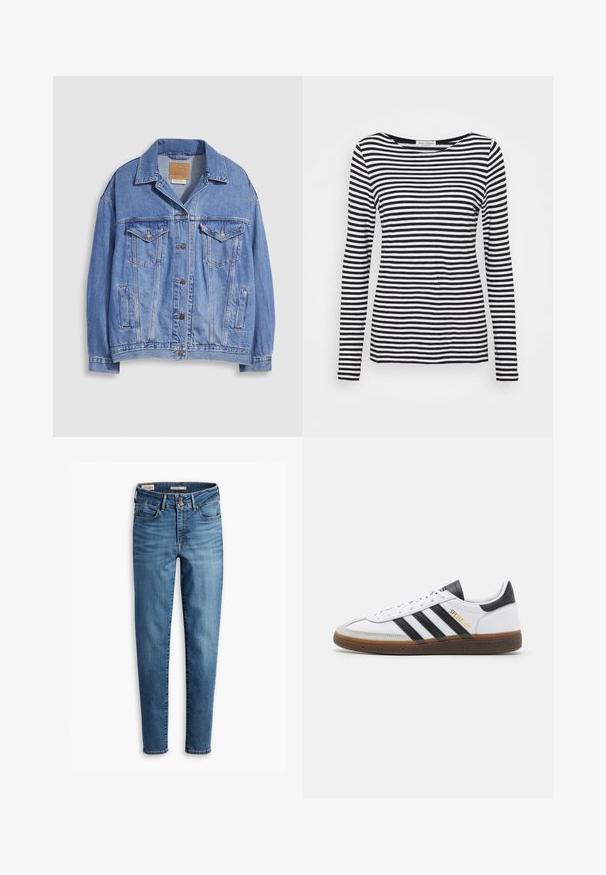 Hele sinine teksariidest jakk särgikaelusega, nööpidega, kahepoolsed rinnataskud ja küljetaskud. Kulunud tekstuur ja nähtav brändimärgistus.; Pikad varrukad, ümar kaelus, mustvalgete triipudega särk. Valmistatud pehmest kangast, regulaarses lõikes. Puhtne, minimaalne disain.; Kõrge vöökohaga kitsad teksad helesinisest denimist. Omab viit taskut, ees klõpsuga sulgemist ja klassikalist tikandit kogu ulatuses.; Valge nahast toss mustade sametdetailidega, kolm musta triipu, beež kummist talla ja kuldse "SPEZIAL" brändinguga küljel.